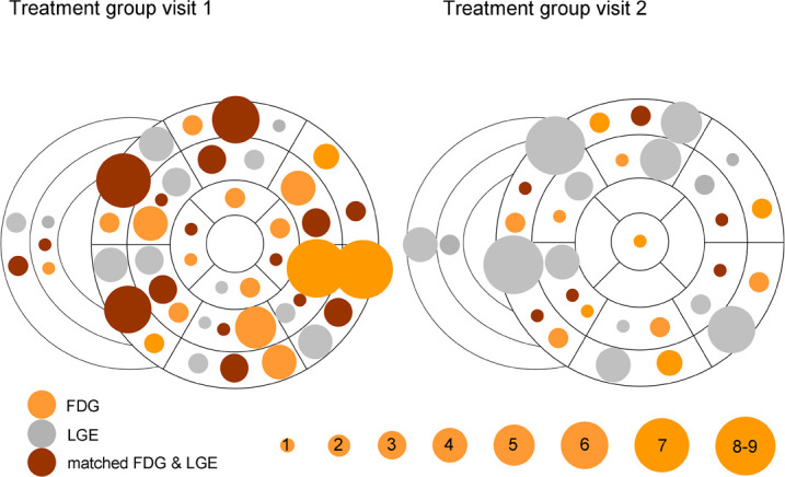 Plots of distribution of abnormal myocardial fluorine 18 fluorodeoxyglucose (FDG) uptake and late gadolinium enhancement (LGE) on initial and follow-up studies in the (a) treatment and (b) nontreatment groups. The color of the dots represents FDG uptake alone, matched FDG and LGE, and LGE alone in each segment. The size of the dot indicates the number of patients with that abnormality. In the treatment group, matched FDG and LGE on visit 1 becomes unmatched LGE on visit 2 in the majority of cases. There is little change in the untreated group.