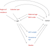 FIGURE 1. A directed acyclic graph showing confounding and mediating factors in the current study associated with ART and childhood cancer. Covariates in red indicate that they have been classified as confounding factors; covariates in blue have been classified as intermediate factors.
