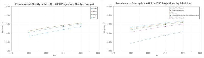 Projections of obesity prevalence from 2020 to 2050, by age and ethnicity
