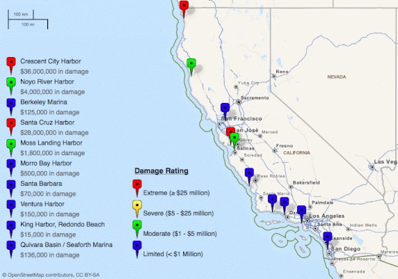 Damage to California coastal areas from the 2011 tsunami event