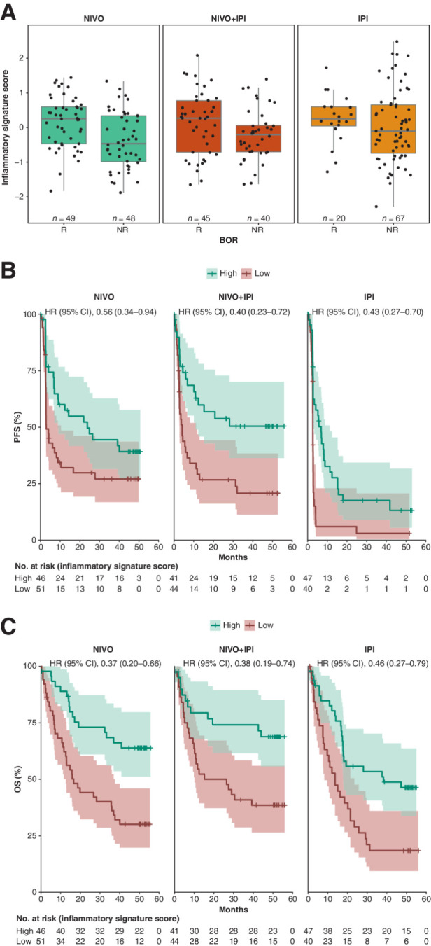 Figure 3. Clinical response and survival by inflammatory signature score in CheckMate 067. A, Distribution of inflammatory signature scores in responders and nonresponders treated with NIVO, NIVO+IPI, or IPI. Number of responders and nonresponders is indicated on the figure. Boxes extend from the first to third quartiles, the middle line shows the median, and the whiskers extend to the most extreme data point that is no more than 1.5 times the IQR from the box. B, Kaplan–Meier curve for PFS comparing patient subgroups with high or low inflammatory signature scores for NIVO, NIVO+IPI, or IPI. C, Kaplan–Meier curve for OS comparing patient subgroups with high or low inflammatory signature score status for NIVO, NIVO+IPI, or IPI. HRs (95% CI) for high versus low TMB were obtained with univariate Cox proportional hazards models. NR, nonresponders; R, responders.