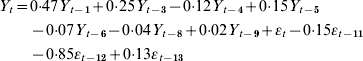 \eqalign{\hskip-2 Y_{t} \equals \tab 0 {\cdot} 47Y_{t \minus \setnum{1}} \plus 0 {\cdot} 25Y_{t \minus \setnum{3}} \minus 0 {\cdot} 12Y_{t \minus \setnum{4}} \plus 0 {\cdot} 15Y_{t \minus \setnum{5}}\cr \tab \minus 0 {\cdot} 07Y_{t \minus \setnum{6}} \minus 0 {\cdot} 04Y_{t \minus \setnum{8}} \plus 0 {\cdot} 02Y_{t \minus \setnum{9}} \plus \epsi _{t} \minus 0 {\cdot} 15\epsi _{t \minus \setnum{11}}\cr \tab \minus 0 {\cdot} 85\epsi _{t \minus \setnum{12}} \plus 0 {\cdot} 13\epsi _{t \minus \setnum{13}}\cr}