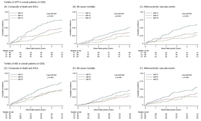 Fig.1. Cumulative incidence of outcomes stratified by SPP and ABI tertiles in all patients