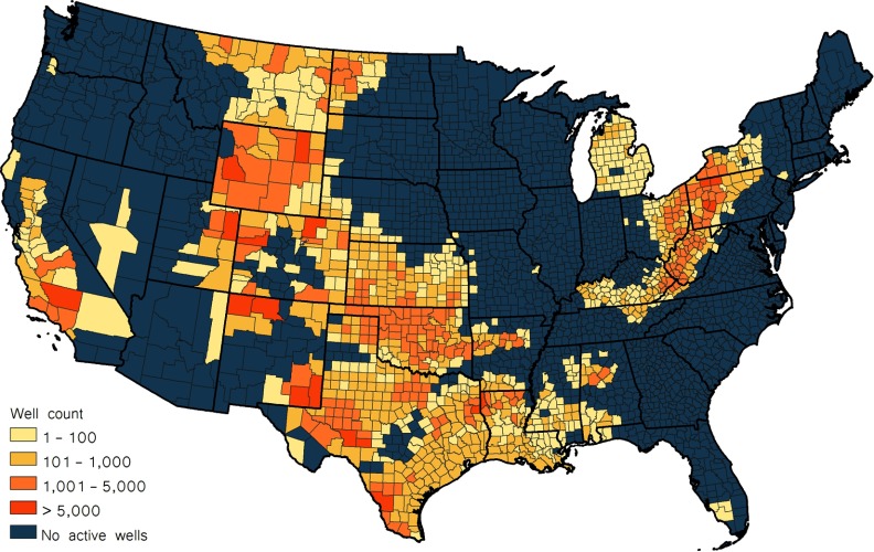 Map of USA classifying the regions based on active well counts. The regions are stratified as follows: well count from 1 to 100, from 101 to 1000, from 1001 to 5000, greater than 5000, and no active wells.