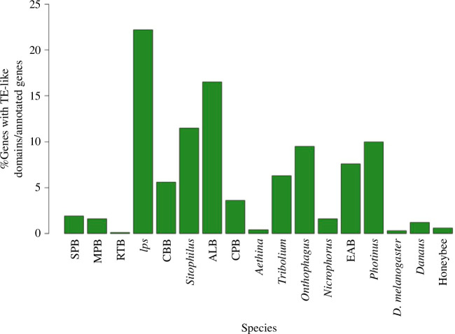 Proportion of functionally annotated genes encoding proteins with TE-derived domains.