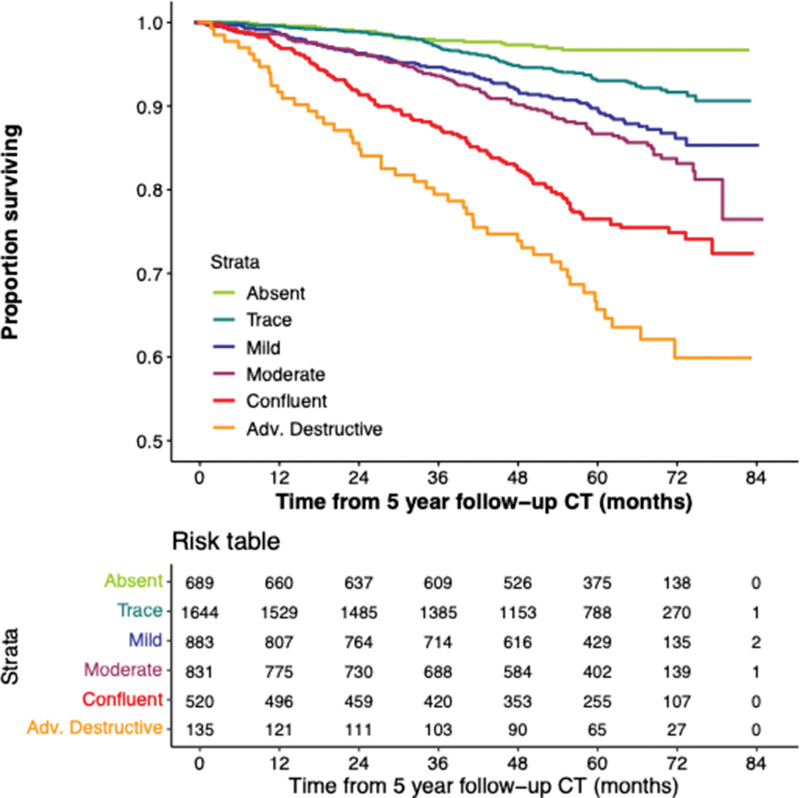 Kaplan-Meier plot shows survival according to emphysema grade assessed at 5-year follow-up chest CT. Adv. = advanced.