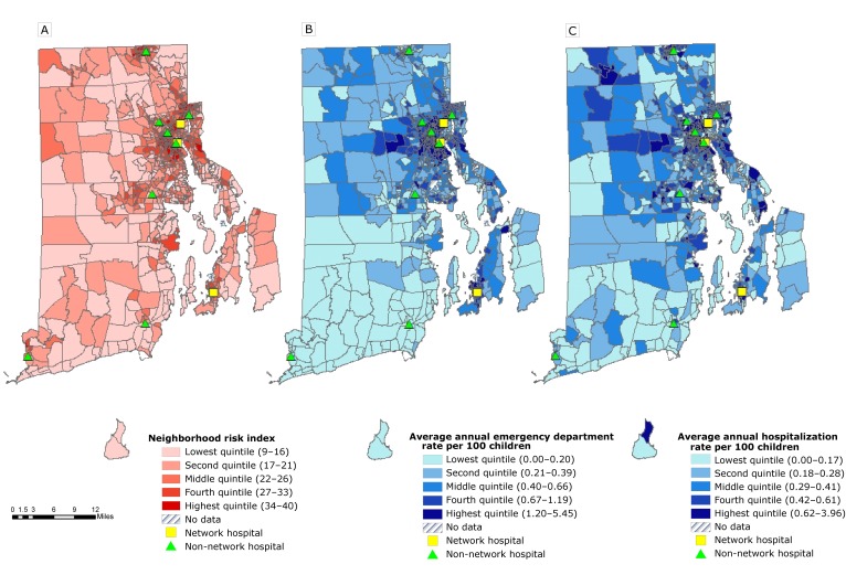 The highest-risk neighborhoods were concentrated in urban areas of Rhode Island and distribution of neighborhoods with higher rates of emergency department use and hospitalizations was consistent with the distribution of higher-risk neighborhoods.