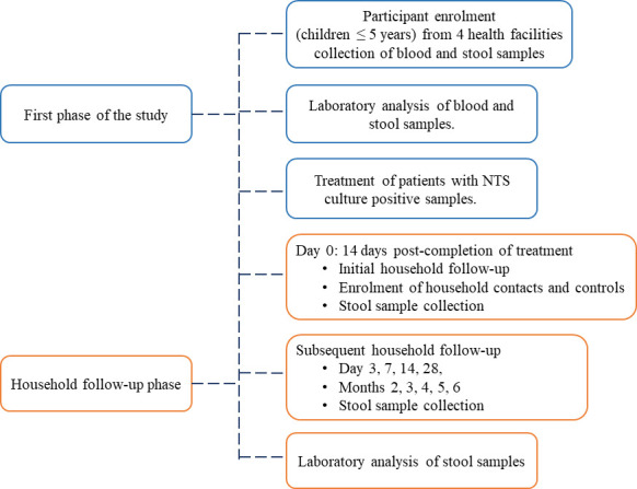 A figure presents a flowchart of participant enrollment during the first phase of the study and the household follow-up phase. The first phase is highlighted in blue blocks, and the household follow-up phase is highlighted in orange blocks.