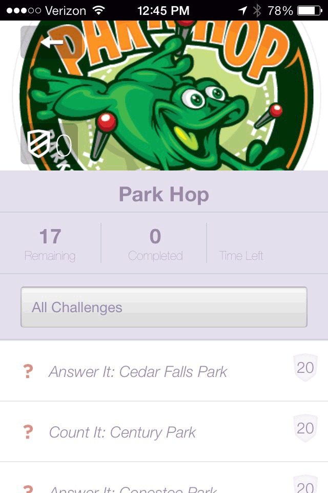 Screenshot lists parks in the scavenger hunt. It shows the number of park visits completed and the number of park visits remaining.