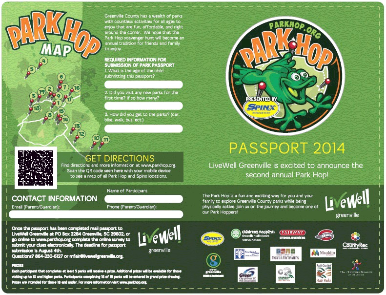 The front of the passport shows the Park Hop logo (a frog) and the locations of parks in Greenville, South Carolina. It asks questions such as “What is the age of the child submitting this passport?” and “Did you visit any new parks for the first time?” and asks for contact information (name of participant) and contact information for parents and guardians. It also shows the logos of the various sponsors of the Park Hop program.