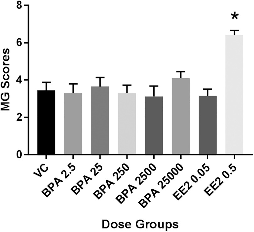 Figure 4 is a bar graph plotting MG scores, ranging from 0 to 8 in increments of 2 (y-axis) across Dose groups, namely, VC, BPA 2.5, BPA 25, BPA 250, BPA 2500, BPA 25000, EE2 0.05, and EE2 0.5 (x-axis).