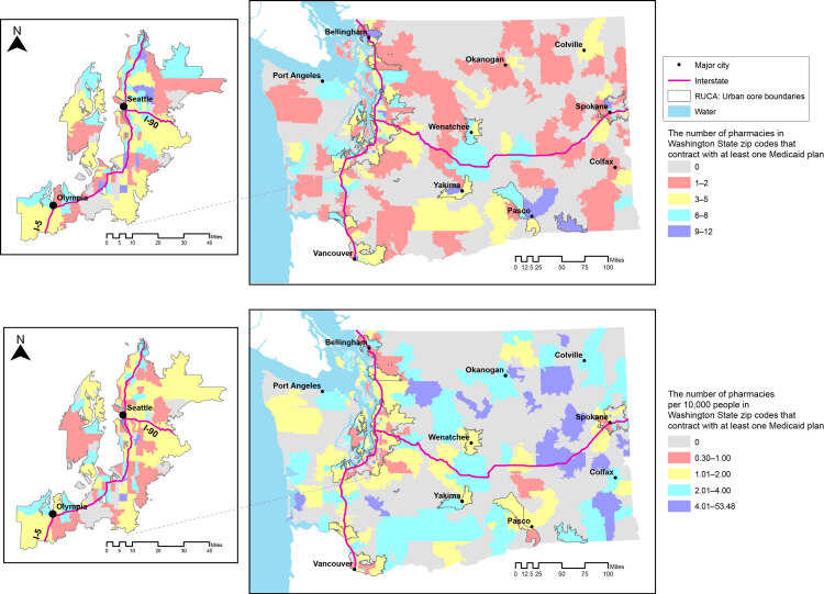 The number of Medicaid-contracted pharmacies per zip code across Washington State ranged from zero to 12. The density of Medicaid-contracted pharmacies varied from zero to 53.48 per 10,000 people. Medicaid-contracted pharmacies were distributed throughout Washington, with larger proportions surrounding cities.