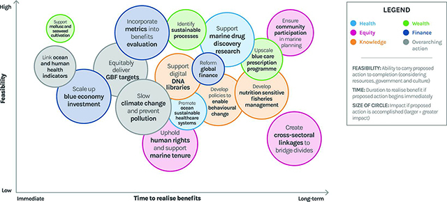 Opportunities for action to support both ocean health and human health and wellbeing in a changing planetary environment. Circles are plotted by feasibility (Y axis – the ability to carry proposed action to completion considering resources, government, and culture) and time to realise benefits (X axis – the duration required to realise benefits of proposed action). The relative size of the circle reflects the magnitude of impact of the action (in terms of overall benefit to ocean and human health globally). All actions need to be initiated immediately. Note that this figure is included primarily as a visual aid for readers. It is based on the expert opinion of authors employing best available evidence, not a quantitative analysis of all available information (Fleming, Landrigan et al. 2024 [108]).