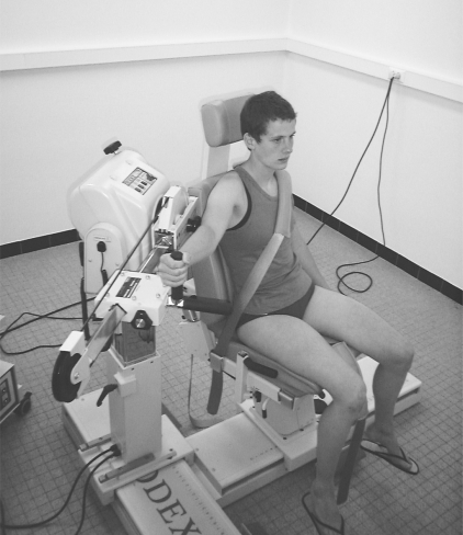 Experimental setup for the isokinetic protraction-retraction movement in the scapular plane using a Biodex isokinetic dynamometer.9.