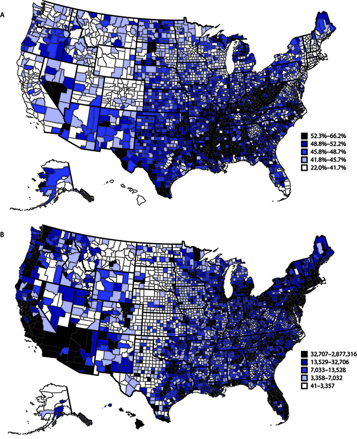 The figure is map showing model-based estimates of U.S. prevalence (A) and number (B) of adults aged ≥18 years with any selected underlying medical condition, by county, in the United States, in 2018.