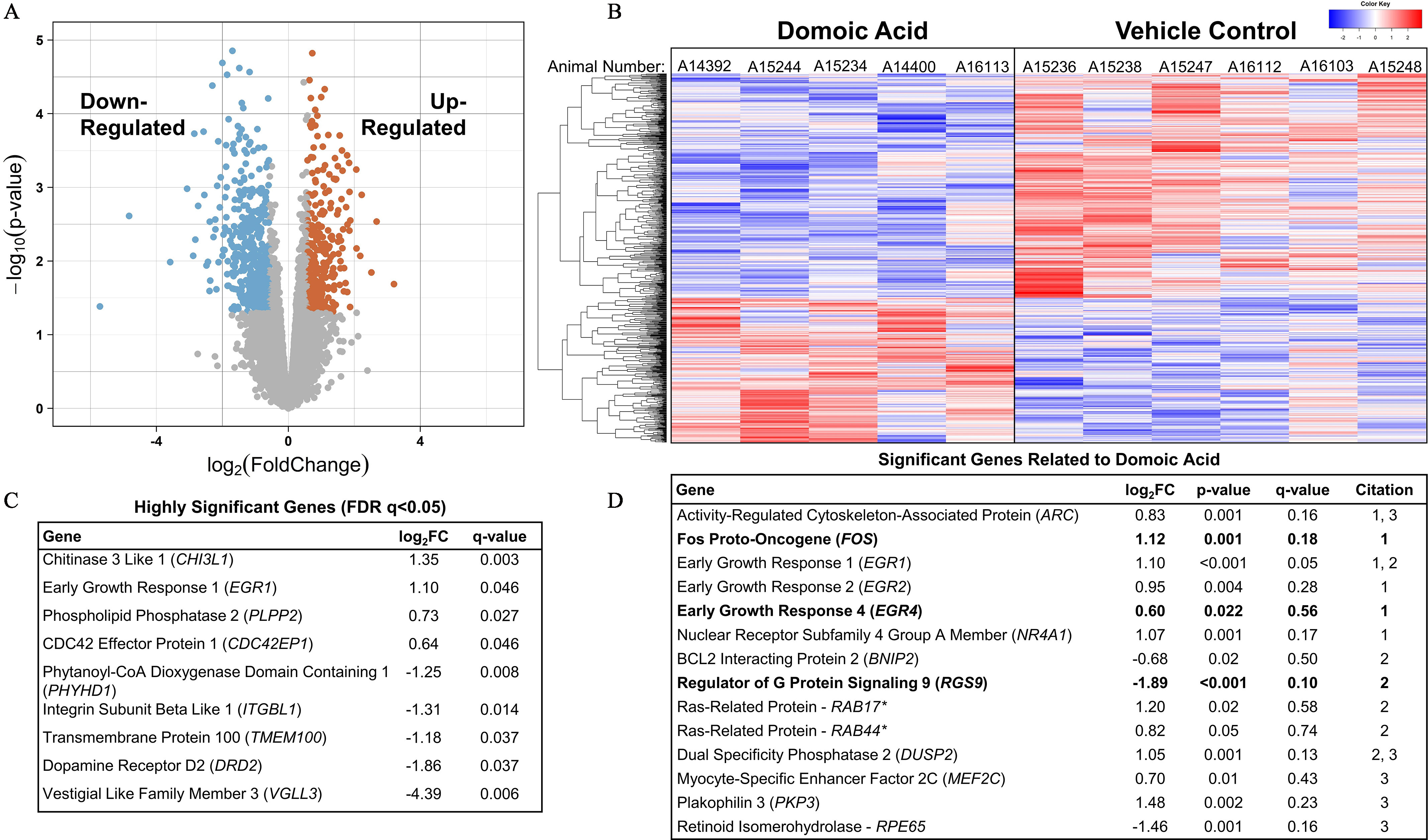 Figure 9A is a volcano plot, plotting negative log to the base 10 of (lowercase p), ranging from 0 to 5 in unit increments (y-axis) across log to the base 2 (fold change), ranging from negative 4 to 4 (x-axis) for Down regulated and Up regulated. Figure 9B is a heatmap, plotting Animal number (y-axis) across domoic acid, including A 14392, A 15244, A 15234, A 14400, and A 16113 and Vehicle control, including A 15236, A 15238, A 15247, A 16103, and A 15248 (x-axis). A scale depicts color key ranges from negative 2 to 2 in unit increments. Figure 9C is a tabular representation titled Highly significant genes (false discovery rate lowercase q less than 0.05) and has nine rows and three columns, namely, Gene, log to the base 2 fold change, and lowercase q value. Row 1: Chitinase 3 like 1, 1.35, and 0.003. Row 2: Early growth response, 1.10, and 0.046. Row 3: Phospholipid Phosphatase 2, 0.73, and 0.027. Row 4: C D C 42 Effector Protein 1, 0.64, and 0.046. Row 5: Phytanoyl-C o A Dioxygenase Domain Containing 1, negative 1.25, and 0.008. Row 6: Integrin subunit beta like 1, negative 1.31, and 0.014. Row 7: Transmembrane Protein 100, negative 1.18, and 0.037. Row 8: Dopamine Receptor D 2, negative 1.86, and 0.037. Row 9: Vestigial like family member 3, negative 4.39, and 0.006. Figure 9D is a tabular representation titled Significant genes related to domoic acid and has fourteen rows and five columns, namely, Gene, log to the base 2 fold change, lowercase p value, lowercase q value, and citation. Row 1: Activity-regulated cytoskeleton-associated protein, 0.83, 0.001, 0.16, and 1,3. Row 2: Fos proto-oncogene, 1.12, 0.001, 0.18, and 1. Row 3: Early growth response 1, 1.10, less than 0.001, 0.05, 1,2. Row 4: Early growth response 2, 0.95, 0.004, 0.28, and 1. Row 5: Early growth response 4, 0.60, 0.022, 0.56, and 1. Row 6: Nuclear receptor subfamily 4 group a member, 1.07, 0.001, 0.17, and 1. Row 7: B C L 2 interacting protein 2, negative 0.68, 0.02, 0.50, and 2. Row 8: Regulator of G protein signaling 9, negative 1.89, less than 0.001, 0.10, and 2. Row 9: Ras-related protein – R A B 17 asterisk, 1.20, 0.02, 0.5, and 2. Row 10: Ras-related protein – R A B 44 asterisk, 0.82, 0.05, 0.74, and 2. Row 11: Dual specificity phosphatase 2, 1.05, 0.001, 0.13, and 2,3. Row 12: Myocyte-specific enhancer factor 2 C, 0.70, 0.01, 0.43, and 3. Row 13: Plakophilin 3, 1.48, 0.002, 0.23, and 3. Row 14: Retinoid isomerohydrolase – R P E 65, negative 1.46, 0.0.1, 0.16, and 3.