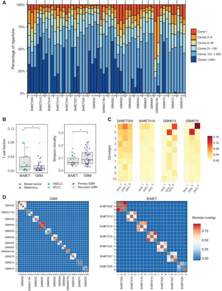 Figure 5. Intratumoral T-cell repertoire clonality and diversity. A, The proportion of each sample's T-cell repertoire consisting of clones from a given rank position when all TCR sequences are ordered by descending frequency in the sample. B, Comparison of T-cell fraction (left) and Simpson clonality (right) between regions from GBMs or BrMETs. T-cell fraction and Simpson clonality were calculated as described in the Methods. P values calculated by two-sided t test: *, P < 0.05. C, Heat maps showing the frequencies of the 10 most expanded intratumoral β-chain sequences per tumor in different regions. Each row represents one unique sequence and each column a tumor region. D, Quantification of TCR intratumoral heterogeneity by calculation of the Morisita overlap (see Methods) between pairs of distinct tumor regions in either GBM (left) or BrMETs (right). Values range from 0 (indicating no similarity) to 1 (identical TCR repertoires).