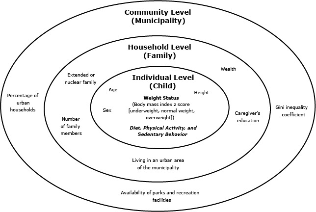 The image is of 3 concentric ovals. In the center oval is the individual level (child) and the following factors: weight status (body mass index z score [underweight, normal weight, overweight]), age, sex, and height. Diet, physical activity, and sedentary behavior are also included in the model but are not considered in this study because of lack of data. The intermediate oval is household level (family) and the following factors: wealth, caregiver’s education, living in an urban area of the municipality, extended or nuclear family, and number of family members. In the outermost oval is the community level (municipality) and the following factors: Gini inequality coefficient, percentage of urban households, and availability of parks and recreation facilities.