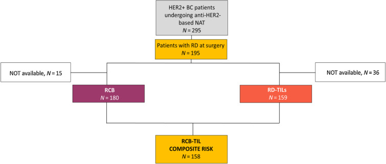 Figure 1. Flow diagram of the study. The flow diagram of the study shows the original population of the study, the subgroup of patients with RD, and the populations for which RCB, RD-TILs, and their integrated evaluation were available. BC, breast cancer.