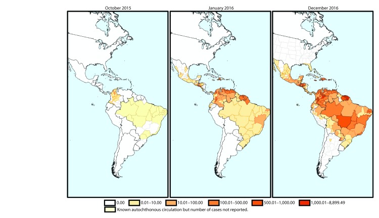 The figure above consists of three maps, showing the rate of suspected and confirmed cases of Zika virus disease per 100,000 population in the Region of the Americas in October 2015, January 2016, and December 2016.