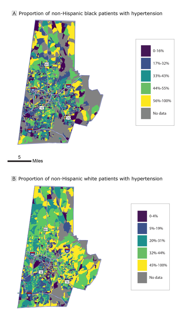 In panel A, spatial clusters of blocks with high proportions of non-Hispanic black patients with hypertension are not readily apparent. There appear to be more blocks with high proportions of non-Hispanic black patients with hypertension in the far northern and eastern areas of the county. In panel B, there is a similar phenomenon, although there are more blocks in which a high proportion of non-Hispanic white patients have hypertension in the far east of the county. There are more blocks in which a low proportion of non-Hispanic white patients have hypertension in central and western areas of the county.