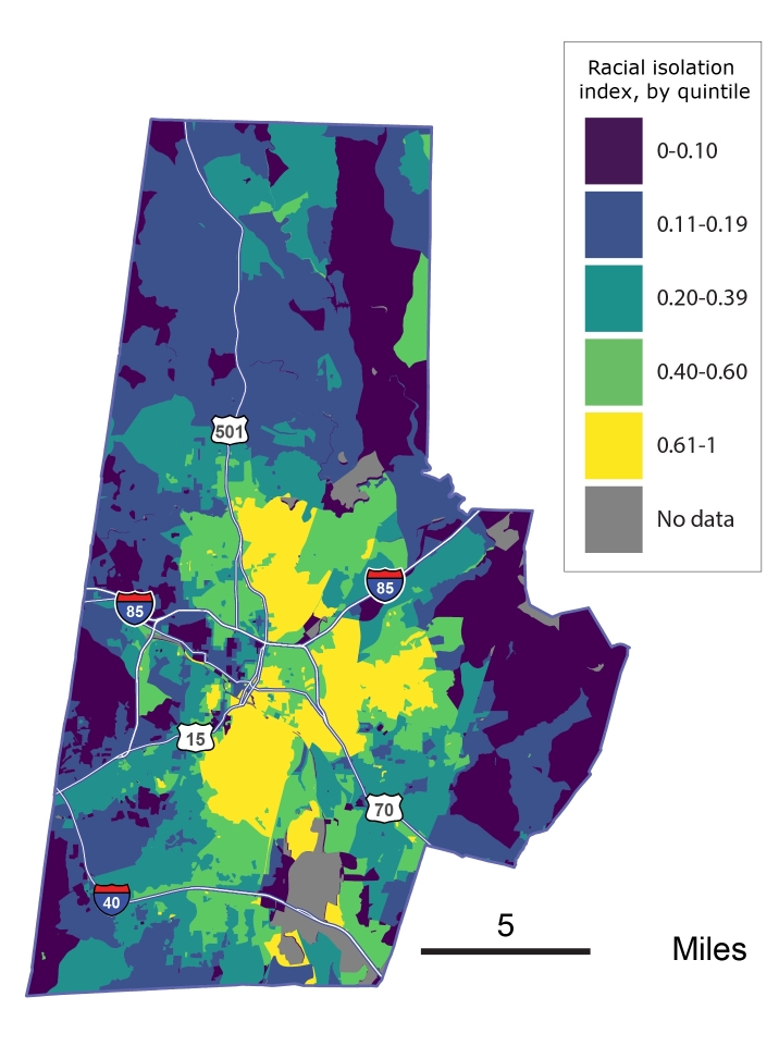 Blocks with the highest values of racial isolation of non-Hispanic black residents are concentrated in the center of Durham County. Blocks with the lowest values of racial isolation of non-Hispanic black residents are more prevalent on the outskirts of Durham County, particularly in blocks towards the northeast, far east, and west.