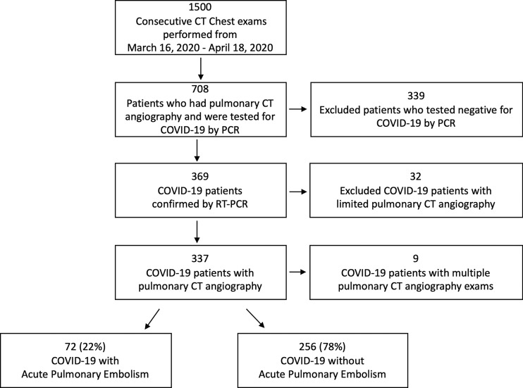 Flowchart depicts patient population. Limited pulmonary CT angiography was defined by respiratory motion and poor contrast opacification. Nine patients who tested positive for coronavirus disease 2019 (COVID-19) underwent multiple pulmonary CT angiography examinations and only the most recent study was used as a reference point in analysis. PCR = polymerase chain reaction, RT-PCR = reverse transcriptase polymerase chain reaction.