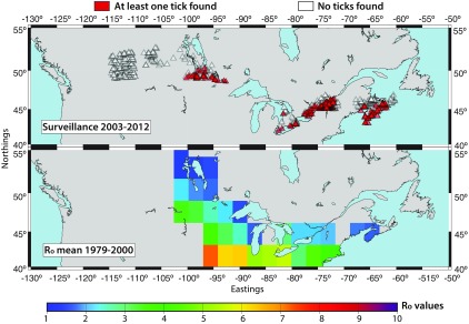 Grid map of Northings (y-axis) and Eastings (x-axis) showing the regions where at least one tick and where no tick was found according to the surveillance conducted 2003–2012. The second grid map of Northings (y-axis) and Eastings (x-axis) plots the R0 estimates for the period 1971–2000.