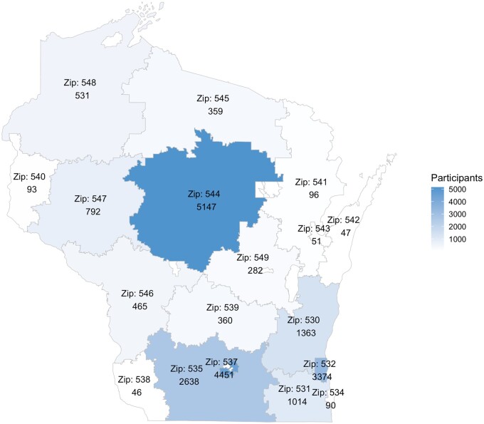 This image is a map of Wisconsin showing the number of participants by zip code, with darker blue areas (such as Zip 544 and 537) indicating higher participant counts and lighter areas showing fewer participants.