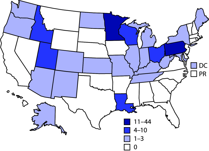 The figure is a map that shows the number of giardiasis outbreaks, by jurisdiction, across the United States, including the District of Columbia, and the U.S. territories, including Puerto Rico, 2012–2017.