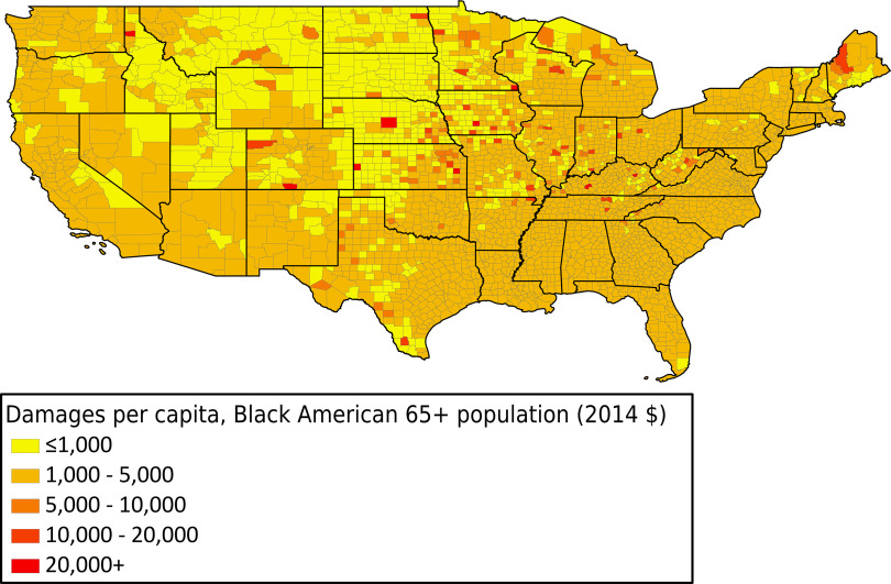 Figure 3 is a map of the United States of America depicting the damages per capita for 65 plus Black American population in 2014 (dollars), ranging as less than or equal to 1000, 1000 to 5000, 5000 to 10000, 10000 to 20000, and 20000 plus.