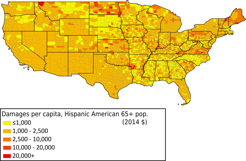 Figure 5 is a map of the United States of America depicting the damages per capita for 65 plus Hispanic American population in 2014 (dollars), ranging as less than or equal to 1000, 1000 to 2500, 2500 to 10000, 10000 to 20000, and 20000 plus.