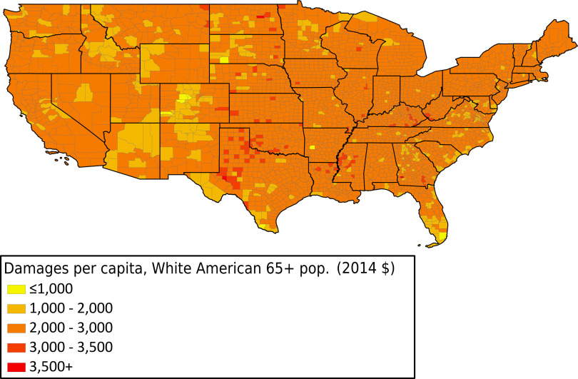 Figure 7 is a map of the United States of America depicting the damages per capita for 65 plus White American population in 2014 (dollars), ranging as less than or equal to 1000, 1000 to 2000, 2000 to 3000, 3000 to 3500, and 3500 plus.