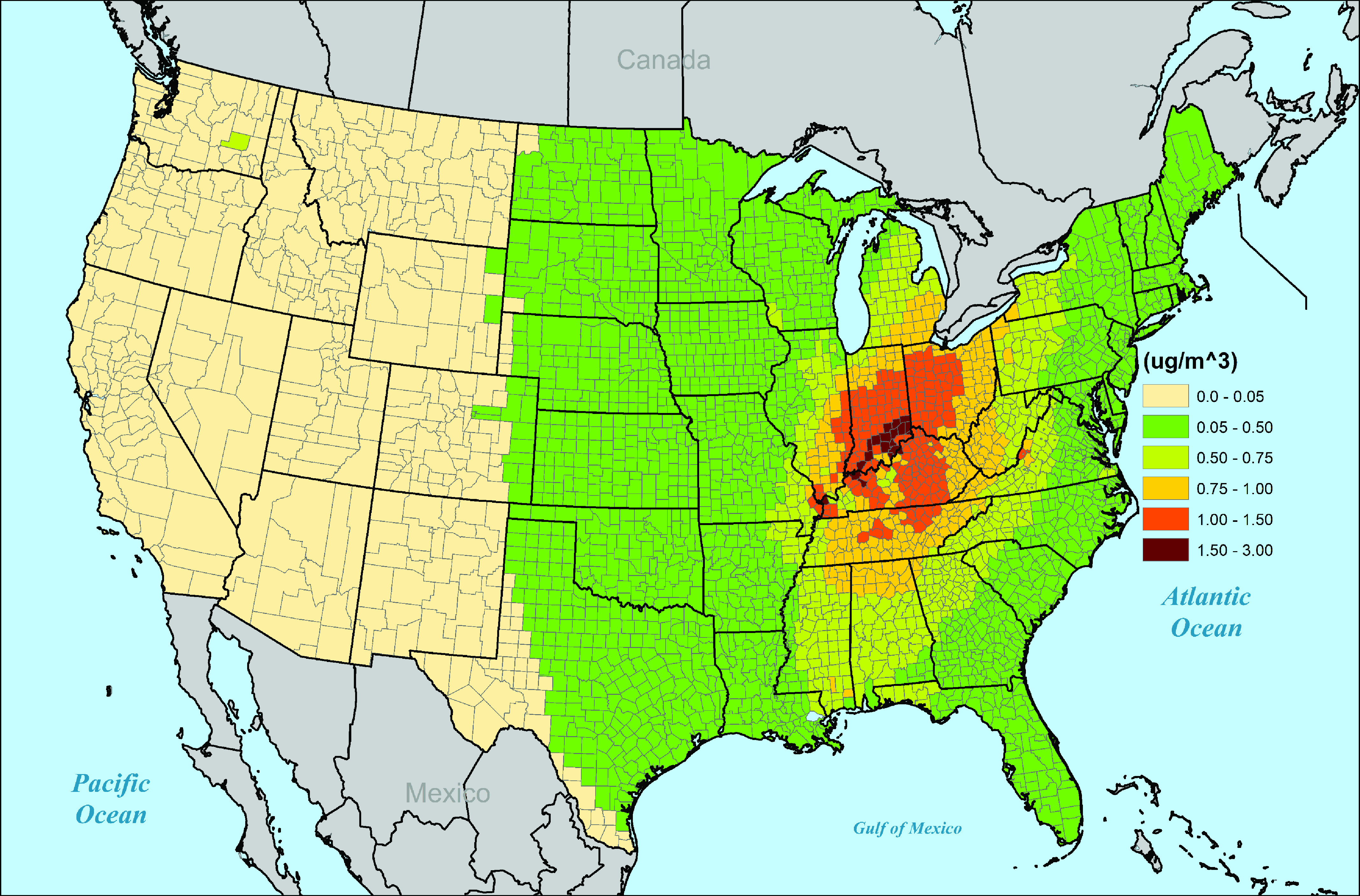 Figure 8 is a map of the United States of America depicting Mercury and Air Toxics Standards induced changes in 2016. The range denoting microgram per meter circumflex 3 is divided into six parts, namely, 0.0 to 0.05, 0.05 to 0.50, 0.50 to 0.75, 0.75 to 1.00, 1.00 to 1.50, and 1.50 to 3.00.] Note: MATS, Mercury and Air Toxics Standards.