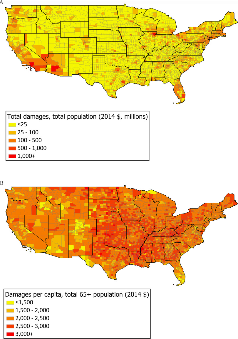 Figures 2a and 2b are two maps of the United States of America. The first map depicts total damages, total population in 2014 (dollars, millions), ranging as less than or equal to 25, 25 to 100, 100 to 500, 500 to 1000, and 1000 plus. The second map depicts damages per capita, total 65 plus population in 2014 (dollars), ranging as less than or equal to 1500, 1500 to 2000, 2000 to 2500, 2500 to 3000, and 3000 plus.