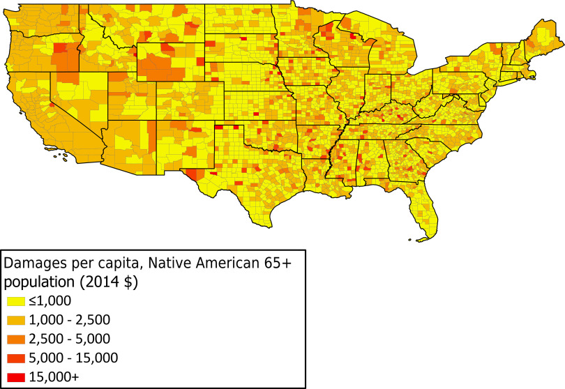 Figure 6 is a map of the United States of America depicting the damages per capita for 65 plus Native American population in 2014 (dollars), ranging as less than or equal to 1000, 1000 to 2500, 2500 to 5000, 5000 to 15000, and 15000 plus.