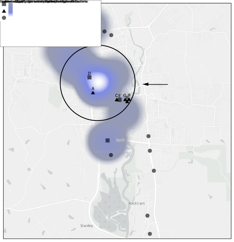 The figure is a point density heat map showing the residences of patients with Legionnaires disease in Napa County, California, in 2022.