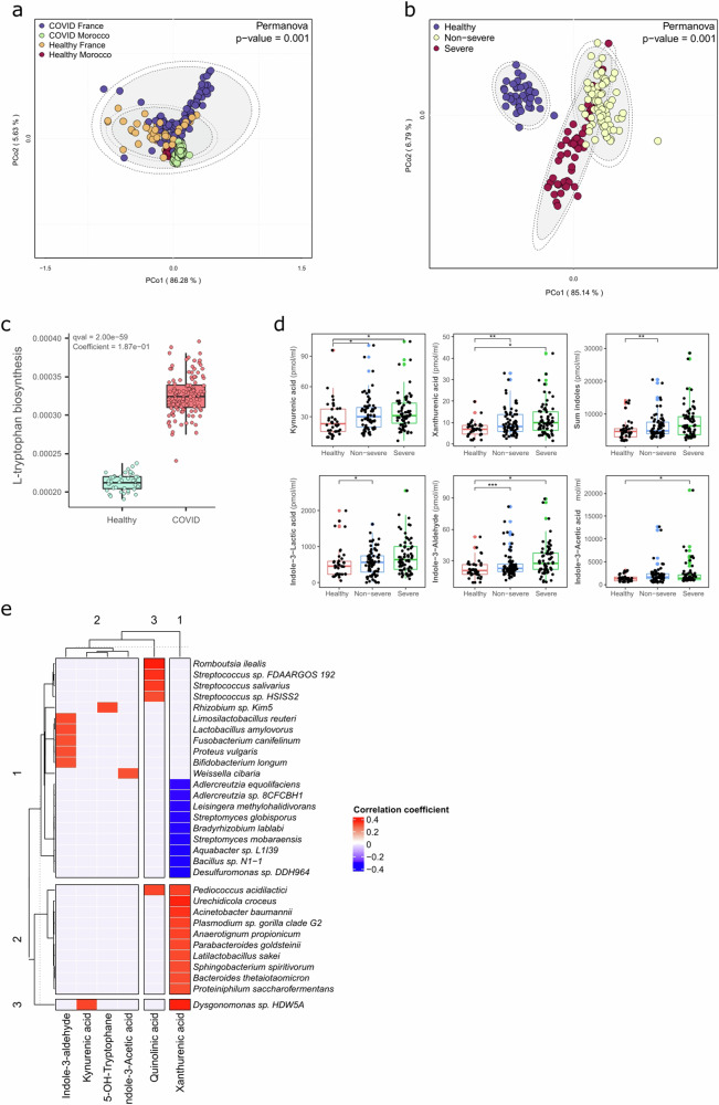 Association du COVID-19 et de sa gravité avec les fonctions du microbiote des patients marocains et français. Les PCoA ont été construits à partir de matrices de dissemblance Bray-Curtis (a, b) construites à partir de l'abondance normalisée de voies dans le microbiote (les analyses de gravité sont basées uniquement sur la population marocaine). Les ellipses ont été dessinées autour des centroïdes de chaque communauté émergente à des intervalles de confiance de 95% (intérieurs) et de 97% (extérieurs). c cRésultat de l'analyse MaAsLin2 pour la voie de biosynthèse L-tryptophane. d dMétabolites du tryptophane dont l'abondance était significativement différente entre les sujets sains, les patients sévères COVID-19 et les non-sévères. Les tests Kruskal-Wallis avec le test post-hoc de Dunn (méthode de correction de la valeur de Benjamini-Hochberg p) ont été utilisés pour comparer les trois groupes. *p < 0,05; **p < 0,01; ****p < 0,001; ****p < 0,0001. e La ’corrélation de Spearman entre les espèces de microbiotes et l’abondance des métabolites L-Tryptophane chez les patients marocains. Seules les corrélations avec une valeur q < 0,1 étaient représentées dans la carte thermique. Les couleurs représentent la force de la corrélation. Les nombres correspondent à des clusters basés sur la similarité de corrélation.