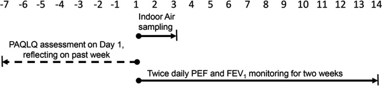 Timeline plotting PAQLQ assessment on Day 1, reflecting on past week; the indoor sampling for Day 1, Day 2, and Day 3; and twice daily PEF and FEV sub 1 monitoring for two weeks, from Day 1 to Day 14.