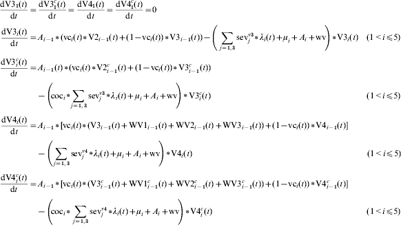 \openup4\eqalign{ {{{\rm dV3}_{\setnum{1}} \lpar t\rpar } \over {{\rm d}t}} \equals \tab {{{\rm dV3}_{\setnum{1}}^{c} \lpar t\rpar } \over {{\rm d}t}} \equals {{{\rm dV4}_{\setnum{1}} \lpar t\rpar } \over {{\rm d}t}} \equals {{{\rm dV4}_{\setnum{1}}^{c} \lpar t\rpar } \over {{\rm d}t}} \equals 0 \cr {{{\rm dV3}_{i} \lpar t\rpar } \over {{\rm d}t}} \equals \tab A_{i \minus \setnum{1}} \vskip2pt\hskip1pt{\ast}\hskip1\vskip-2pt \lpar {{\rm vc}_{i} \lpar t\rpar \vskip2pt\hskip1pt{\ast}\hskip1\vskip-2pt {\rm V2}_{i \minus \setnum{1}} \lpar t\rpar \plus \lpar {1 \minus {\rm vc}_{i} \lpar t\rpar } \rpar \vskip2pt\hskip1pt{\ast}\hskip1\vskip-2pt {\rm V3}_{i \minus \setnum{1}} \lpar t\rpar } \rpar \minus \left(\hskip2 {\sum\limits_{j \equals \setnum{1}\comma \setnum{3}} {{\rm sev}_{j}^{v\setnum{3}} } \vskip2pt\hskip1pt{\ast}\hskip1\vskip-2pt \lambda _{i} \lpar t\rpar \plus \mu _{i} \plus A_{i} \plus {\rm wv}} \hskip-2\right) \vskip2pt\hskip1pt{\ast}\hskip1\vskip-2pt {\rm V3}_{i} \lpar t\rpar \quad \lpar 1 \lt i\les5\rpar \cr {{{\rm dV3}_{i}^{c} \lpar t\rpar } \over {{\rm d}t}} \equals \tab A_{i \minus \setnum{1}} \lpar t\rpar \vskip2pt\hskip1pt{\ast}\hskip1\vskip-2pt \lpar {{\rm vc}_{i} \lpar t\rpar \vskip2pt\hskip1pt{\ast}\hskip1\vskip-2pt {\rm V2}_{i \minus \setnum{1}}^{c} \lpar t\rpar \plus \lpar {1 \minus {\rm vc}_{i} \lpar t\rpar } \rpar \vskip2pt\hskip1pt{\ast}\hskip1\vskip-2pt {\rm V3}_{i \minus \setnum{1}}^{c} \lpar t\rpar } \rpar\cr\tab \minus \left( \hskip-2{{\rm coc}_{i} \vskip2pt\hskip1pt{\ast}\hskip-1\vskip-2pt \sum\limits_{j \equals \setnum{1}\comma \setnum{3}} {{\rm sev}_{j}^{v\setnum{3}} } \vskip2pt\hskip1pt{\ast}\hskip1\vskip-2pt \lambda _{i} \lpar t\rpar \plus \mu _{i} \plus A_{i} \plus {\rm wv}} \hskip-2\right) \vskip2pt\hskip1pt{\ast}\hskip1\vskip-2pt {\rm V3}_{i}^{c} \lpar t\rpar \quad\hskip172 \lpar 1 \lt i\les 5\rpar \cr {{{\rm dV4}_{i} \lpar t\rpar } \over {{\rm d}t}} \equals \tab A_{i \minus \setnum{1}} \vskip2pt\hskip1pt{\ast}\hskip1\vskip-2pt \lsqb {{\rm vc}_{i} \lpar t\rpar \vskip2pt\hskip1pt{\ast}\hskip1\vskip-2pt \lpar {{\rm V3}_{i \minus \setnum{1}} \lpar t\rpar \plus {\rm WV1}_{i \minus \setnum{1}} \lpar t\rpar \plus {\rm WV2}_{i \minus \setnum{1}} \lpar t\rpar \plus {\rm WV3}_{i \minus \setnum{1}} \lpar t\rpar } \rpar \plus \lpar {1 \minus {\rm vc}_{i} \lpar t\rpar } \rpar \vskip2pt\hskip1pt{\ast}\hskip1\vskip-2pt {\rm V4}_{i \minus \setnum{1}} \lpar t\rpar } \rsqb\cr \tab \minus \left(\hskip1 {\sum\limits_{j \equals \setnum{1}\comma \setnum{3}} {{\rm sev}_{j}^{v\setnum{4}} } \vskip2pt\hskip1pt{\ast}\hskip1\vskip-2pt \lambda _{i} \lpar t\rpar \plus \mu _{i} \plus A_{i} \plus {\rm wv}} \hskip-2\right) \vskip2pt\hskip1pt{\ast}\hskip1\vskip-2pt {\rm V4}_{i} \lpar t\rpar \quad\hskip194pt \lpar 1 \lt i\les5\rpar \cr {{{\rm dV4}_{i}^{c} \lpar t\rpar } \over {{\rm d}t}} \equals \tab A_{i \minus \setnum{1}} \vskip2pt\hskip1pt{\ast}\hskip1\vskip-2pt \lsqb {{\rm vc}_{i} \lpar t\rpar \vskip2pt\hskip1pt{\ast}\hskip1\vskip-2pt \lpar {{\rm V3}_{i \minus \setnum{1}}^{c} \lpar t\rpar \plus {\rm WV1}_{i \minus \setnum{1}}^{c} \lpar t\rpar \plus {\rm WV2}_{i \minus \setnum{1}}^{c} \lpar t\rpar \plus {\rm WV3}_{i \minus \setnum{1}}^{c} \lpar t\rpar } \rpar \plus \lpar {1 \minus {\rm vc}_{i} \lpar t\rpar } \rpar \vskip2pt\hskip1pt{\ast}\hskip1\vskip-2pt {\rm V4}_{i \minus \setnum{1}}^{c} \lpar t\rpar } \rsqb\cr \tab \minus \left(\hskip-2 {{\rm coc}_{i} \vskip2pt\hskip1pt{\ast}\hskip1\vskip-2pt \sum\limits_{j \equals \setnum{1}\comma \setnum{3}} {{\rm sev}_{j}^{v\setnum{4}} } \vskip2pt\hskip1pt{\ast}\hskip1\vskip-2pt \lambda _{i} \lpar t\rpar \plus \mu _{i} \plus A_{i} \plus {\rm wv}} \hskip-2\right) \vskip2pt\hskip1pt{\ast}\hskip1\vskip-2pt {\rm V4}_{i}^{c} \lpar t\rpar \quad\hskip170pt \lpar 1 \lt i\les5\rpar \cr}