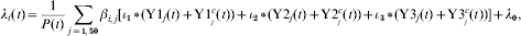 \lambda _{i} \lpar t\rpar \equals {1 \over {P\lpar t\rpar }}\sum\limits_{j \equals \setnum{1}\comma \setnum{50}} {\beta _{i\comma j} } \lsqb {\iota _{\setnum{1}} \vskip2pt\hskip1pt{\ast}\hskip1\vskip-2pt \lpar {\rm Y1}_{j} \lpar t\rpar \plus {\rm Y1}_{_{j} }^{c} \lpar t\rpar \rpar \plus \iota _{\setnum{2}} \vskip2pt\hskip1pt{\ast}\hskip1\vskip-2pt \lpar {\rm Y2}_{j} \lpar t\rpar \plus {\rm Y2}_{_{j} }^{c} \lpar t\rpar \rpar \plus \iota _{\setnum{3}} \vskip2pt\hskip1pt{\ast}\hskip1\vskip-2pt \lpar {\rm Y3}_{j} \lpar t\rpar \plus {\rm Y3}_{_{j} }^{c} \lpar t\rpar \rpar } \rsqb \plus \lambda _{\setnum{0}} \comma\hfill