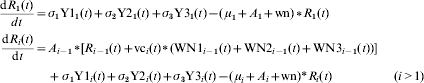 \openup3\eqalign{{{{\rm d}R_{\setnum{1}} \lpar t\rpar } \over {dt}} \equals \tab \sigma _{\setnum{1}} {\rm Y1}_{\setnum{1}} \lpar t\rpar \plus \sigma _{\setnum{2}} {\rm Y2}_{\setnum{1}} \lpar t\rpar \plus \sigma _{\setnum{3}} {\rm Y3}_{\setnum{1}} \lpar t\rpar \minus \lpar \hskip1{\mu _{\setnum{1}} \plus A_{\setnum{1}} \plus {\rm wn}} \rpar\vskip2pt\hskip1pt{\ast}\hskip1\vskip-2pt R_{\setnum{1}} \lpar t\rpar \cr {{{\rm d}R_{i} \lpar t\rpar } \over {{\rm d}t}} \equals \tab A_{i \minus \setnum{1}} \vskip2pt\hskip1pt{\ast}\hskip1\vskip-2pt \lsqb {R_{i \minus \setnum{1}} \lpar t\rpar \plus {\rm vc}_{i} \lpar t\rpar \vskip2pt\hskip1pt{\ast}\hskip1\vskip-2pt \lpar {{\rm WN1}_{i \minus \setnum{1}} \lpar t\rpar \plus {\rm WN2}_{i \minus \setnum{1}} \lpar t\rpar \plus {\rm WN3}_{i \minus \setnum{1}} \lpar t\rpar } \rpar} \rsqb \cr \tab \plus \,\sigma _{\setnum{1}} {\rm Y1}_{i} \lpar t\rpar \plus \sigma _{\setnum{2}} {\rm Y2}_{i} \lpar t\rpar \plus \sigma _{\setnum{3}} {\rm Y3}_{i} \lpar t\rpar \minus \lpar\hskip1 {\mu _{i} \plus A_{i} \plus {\rm wn}} \rpar\ast R_{i} \lpar t\rpar \quad\qquad \qquad \lpar i \gt 1\rpar \cr}\hfill