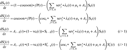 \openup2\eqalign{\tab {{{\rm dS}_{\setnum{1}}\hskip1 \lpar t\rpar } \over {{\rm d}t}} \equals \lpar 1 \minus {\rm cocoon}\rpar \vskip2pt\hskip1pt{\ast}\hskip1\vskip-2pt fP\lpar t\rpar \minus \left(\hskip-2 {\sum\limits_{\hskip2 j \equals \setnum{1}\comma \setnum{3}} {{\rm sev}_{j}^{s} } \vskip2pt\hskip1pt{\ast}\hskip1\vskip-2pt \lambda _{\setnum{1}} \lpar t\rpar \plus \mu _{\setnum{1}} \plus A_{\setnum{1}} }\hskip-2 \right) {\rm S}_{\setnum{1}} \lpar t\rpar \cr \tab {{{\rm dS}_{\setnum{1}}^{\hskip1c} \lpar t\rpar } \over {{\rm d}t}} \equals {\rm cocoon}\vskip2pt\hskip1pt{\ast}\hskip1\vskip-2pt fP\lpar t\rpar \minus \left(\hskip-2 {{\rm coc}_{\setnum{1}} \vskip2pt\hskip1pt{\ast}\hskip1\vskip-2pt \sum\limits_{j \equals \setnum{1}\comma \setnum{3}} {{\rm sev}_{j}^{s} } \vskip2pt\hskip1pt{\ast}\hskip1\vskip-2pt \lambda _{\setnum{1}} \lpar t\rpar \plus \mu _{\setnum{1}} \plus A_{\setnum{1}} }\hskip-2 \right) {\rm S}_{\setnum{1}} \lpar t\rpar \cr \tab {{{\rm dS}_{i} \lpar t\rpar } \over {{\rm d}t}} \equals A_{i \minus \setnum{1}} \lpar t\rpar \vskip2pt\hskip1pt{\ast}\hskip1\vskip-2pt \lpar {1 \minus {\rm vc}_{i} \lpar t\rpar } \rpar \vskip2pt\hskip1pt{\ast}\hskip1\vskip-2pt {\rm S}_{i \minus \setnum{1}} \lpar t\rpar \minus \left( {\sum\limits_{\hskip1j \equals \setnum{1}\comma \setnum{3}} {{\rm sev}_{j}^{s} } \vskip2pt\hskip1pt{\ast}\hskip1\vskip-2pt \lambda _{i} \lpar t\rpar \plus \mu _{i} \plus A_{i} } \hskip-2\right) {\rm S}_{i} \lpar t\rpar \quad \quad \hskip4pt\quad \lpar i \gt 1\rpar \cr \tab {{{\rm dS}_{i}^{c} \lpar t\rpar } \over {{\rm d}t}} \equals A_{i \minus \setnum{1}} \lpar t\rpar \vskip2pt\hskip1pt{\ast}\hskip1\vskip-2pt \lpar {1 \minus {\rm vc}_{i} \lpar t\rpar } \rpar \vskip2pt\hskip1pt{\ast}\hskip1\vskip-2pt {\rm S}_{i \minus \setnum{1}}^{c} \lpar t\rpar \minus \left(\hskip-2 {{\rm coc}_{i} \vskip2pt\hskip1pt{\ast}\hskip1\vskip-2pt \sum\limits_{j \equals \setnum{1}\comma \setnum{3}} {{\rm sev}_{j}^{s} } \vskip2pt\hskip1pt{\ast}\hskip1\vskip-2pt \lambda _{i} \lpar t\rpar \plus \mu _{i} \plus A_{i} }\hskip-2 \right) {\rm S}_{i}^{c} \lpar t\rpar \quad \lpar i \gt 1\rpar \cr}\hfill