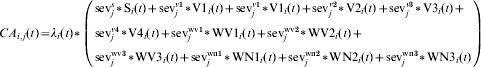 CA_{i\comma j} \lpar t\rpar \equals \lambda _{i} \lpar t\rpar \vskip2pt\hskip1pt{\ast}\hskip1\vskip-2pt \left(\openup3 \eqalign{ \tab {\rm sev}_{j}^{s} \vskip2pt\hskip1pt{\ast}\hskip1\vskip-2pt {\rm S}_{i} \lpar t\rpar \plus {\rm sev}_{j}^{v\setnum{1}} \vskip2pt\hskip1pt{\ast}\hskip1\vskip-2pt {\rm V1}_{i} \lpar t\rpar \plus {\rm sev}_{j}^{v\setnum{1}} \vskip2pt\hskip1pt{\ast}\hskip1\vskip-2pt {\rm V1}_{i} \lpar t\rpar \plus {\rm sev}_{j}^{v\setnum{2}} \vskip2pt\hskip1pt{\ast}\hskip1\vskip-2pt {\rm V2}_{i} \lpar t\rpar \plus {\rm sev}_{j}^{v\setnum{3}} \vskip2pt\hskip1pt{\ast}\hskip1\vskip-2pt {\rm V3}_{i} \lpar t\rpar \plus \cr \tab {\rm sev}_{j}^{v\setnum{4}} \vskip2pt\hskip1pt{\ast}\hskip1\vskip-2pt {\rm V4}_{i} \lpar t\rpar \plus {\rm sev}_{j}^{{\rm wv} \setnum{1}} \vskip2pt\hskip1pt{\ast}\hskip1\vskip-2pt {\rm WV1}_{i} \lpar t\rpar \plus {\rm sev}_{j}^{{\rm wv} \setnum{2}} \vskip2pt\hskip1pt{\ast}\hskip1\vskip-2pt {\rm WV2}_{i} \lpar t\rpar \plus \cr \tab {\rm sev}_{j}^{{\rm wv} \setnum{3}} \vskip2pt\hskip1pt{\ast}\hskip1\vskip-2pt {\rm WV3}_{i} \lpar t\rpar \plus {\rm sev}_{j}^{{\rm wn}\setnum{1}} \vskip2pt\hskip1pt{\ast}\hskip1\vskip-2pt {\rm WN1}_{i} \lpar t\rpar \plus {\rm sev}_{j}^{{\rm wn} \setnum{2}} \vskip2pt\hskip1pt{\ast}\hskip1\vskip-2pt {\rm WN2}_{i} \lpar t\rpar \plus {\rm sev}_{j}^{{\rm wn}\setnum{3}} \vskip2pt\hskip1pt{\ast}\hskip1\vskip-2pt {\rm WN3}_{i} \lpar t\rpar \cr} \right)\hfill