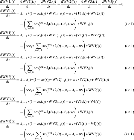 \eqalign{ {{{\rm dWV1}_{\setnum{1}} \lpar t\rpar } \over {{\rm d}t}} \equals \tab {{{\rm dWV1}_{\setnum{1}}^{c} \lpar t\rpar } \over {{\rm d}t}} \equals {{{\rm dWV}2_{\setnum{1}} \lpar t\rpar } \over {{\rm d}t}} \equals {{{\rm dWV}2_{\setnum{1}}^{c} \lpar t\rpar } \over {{\rm d}t}} \equals {{{\rm dWV}3_{\setnum{1}} \lpar t\rpar } \over {{\rm d}t}} \equals {{{\rm dWV}3_{\setnum{1}}^{c} \lpar t\rpar } \over {{\rm d}t}} \equals 0 \cr {{{\rm dWV1}_{i} \lpar t\rpar } \over {{\rm d}t}} \equals \tab A_{i \minus \setnum{1}} \vskip2pt\hskip1pt{\ast}\hskip1\vskip-2pt \lpar {1 \minus {\rm vc}_{i} \lpar t\rpar } \rpar \vskip2pt\hskip1pt{\ast}\hskip1\vskip-2pt {\rm WV1}_{i \minus \setnum{1}} \lpar t\rpar \plus {\rm wv}\vskip2pt\hskip1pt{\ast}\hskip1\vskip-2pt\lpar {V1_{i} \lpar t\rpar \plus {\rm WV2}_{i} \lpar t\rpar } \rpar \cr \tab \minus \left( {\sum\limits_{\hskip1 j \equals \setnum{1}\comma \setnum{3}} {{\rm sev}_{j}^{{\rm wv} \setnum{1}} } \vskip2pt\hskip1pt{\ast}\hskip1\vskip-2pt \lambda _{i} \lpar t\rpar \plus \mu _{i} \plus A_{i} \plus {\rm wv}} \hskip-2\right) \vskip2pt\hskip1pt{\ast}\hskip1\vskip-2pt {\rm WV1}_{i} \lpar t\rpar \quad\hskip76 \lpar i \gt 1\rpar \cr {{{\rm dWV}1_{i}^{c} \lpar t\rpar } \over {{\rm d}t}} \equals \tab A_{i \minus \setnum{1}} \vskip2pt\hskip1pt{\ast}\hskip1\vskip-2pt \lpar {1 \minus {\rm vc}_{i} \lpar t\rpar } \rpar \vskip2pt\hskip1pt{\ast}\hskip1\vskip-2pt {\rm WV1}_{i \minus \setnum{1}}^{c} \lpar t\rpar \plus {\rm wv}\vskip2pt\hskip1pt{\ast}\hskip1\vskip-2pt\lpar {{\rm V1}_{i}^{c} \lpar t\rpar \plus {\rm WV2}_{i}^{c} \lpar t\rpar } \rpar \cr \tab \minus \left(\hskip-2 {{\rm coc}_{i} \vskip2pt\hskip1pt{\ast}\hskip1\vskip-2pt \sum\limits_{j \equals \setnum{1}\comma \setnum{3}} {{\rm sev}_{j}^{{\rm wv} \setnum{1}} } \vskip2pt\hskip1pt{\ast}\hskip1\vskip-2pt \lambda _{i} \lpar t\rpar \plus \mu _{i} \plus A_{i} \plus {\rm wv}} \hskip-2\right) \vskip2pt\hskip1pt{\ast}\hskip1\vskip-2pt {\rm WV1}_{i}^{c} \lpar t\rpar \quad\hskip53 \lpar i \gt 1\rpar \cr {{{\rm dWV2}_{i} \lpar t\rpar } \over {{\rm d}t}} \equals \tab A_{i \minus \setnum{1}} \vskip2pt\hskip1pt{\ast}\hskip1\vskip-2pt \lpar {1 \minus {\rm vc}_{i} \lpar t\rpar } \rpar \vskip2pt\hskip1pt{\ast}\hskip1\vskip-2pt {\rm WV2}_{i \minus \setnum{1}} \lpar t\rpar \plus {\rm wv}\vskip2pt\hskip1pt{\ast}\hskip1\vskip-2pt\lpar {{\rm V2}_{i} \lpar t\rpar \plus {\rm WV3}_{i} \lpar t\rpar } \rpar \cr \tab \minus \left(\hskip-1 {\sum\limits_{\hskip2 j \equals \setnum{1}\comma \setnum{3}} {{\rm sev}_{j}^{{\rm wv}\setnum{2}} } \vskip2pt\hskip1pt{\ast}\hskip1\vskip-2pt \lambda _{i} \lpar t\rpar \plus \mu _{i} \plus A_{i} \plus {\rm wv}} \hskip-2\right) \vskip2pt\hskip1pt{\ast}\hskip1\vskip-2pt {\rm WV2}_{i} \lpar t\rpar \quad\hskip77 \lpar i \gt 1\rpar \cr {{{\rm dWV2}_{i}^{c} \lpar t\rpar } \over {{\rm d}t}} \equals \tab A_{i \minus \setnum{1}} \lpar t\rpar \vskip2pt\hskip1pt{\ast}\hskip1\vskip-2pt \lpar {1 \minus {\rm vc}_{i} \lpar t\rpar } \rpar \vskip2pt\hskip1pt{\ast}\hskip1\vskip-2pt {\rm WV2}_{i \minus \setnum{1}}^{c} \lpar t\rpar \plus {\rm wv} \vskip2pt\hskip1pt{\ast}\hskip1\vskip-2pt \lpar {{\rm V2}_{i}^{c} \lpar t\rpar \plus {\rm WV3}_{i}^{c} \lpar t\rpar } \rpar \cr \tab \minus \left(\hskip-2 {{\rm coc}_{i} \vskip2pt\hskip1pt{\ast}\hskip1\vskip-2pt \sum\limits_{j \equals \setnum{1}\comma \setnum{3}} {{\rm sev}_{j}^{{\rm wv} \setnum{2}} } \vskip2pt\hskip1pt{\ast}\hskip1\vskip-2pt \lambda _{i} \lpar t\rpar \plus \mu _{i} \plus A_{i} \plus {\rm wv}} \hskip-2\right) \vskip2pt\hskip1pt{\ast}\hskip1\vskip-2pt {\rm WV2}_{i}^{c} \lpar t\rpar \quad\hskip53 \lpar i \gt 1\rpar \cr {{{\rm dWV3}_{i} \lpar t\rpar } \over {{\rm d}t}} \equals \tab A_{i \minus \setnum{1}} \vskip2pt\hskip1pt{\ast}\hskip1\vskip-2pt \lpar {1 \minus {\rm vc}_{i} \lpar t\rpar } \rpar \vskip2pt\hskip1pt{\ast}\hskip1\vskip-2pt {\rm WV3}_{i \minus \setnum{1}} \lpar t\rpar \plus {\rm wv} \vskip2pt\hskip1pt{\ast}\hskip1\vskip-2pt \lpar {{\rm V3}_{i} \lpar t\rpar \plus {\rm V4}_{i} \lpar t\rpar } \rpar \cr \tab \minus \left( {\sum\limits_{\hskip1j \equals \setnum{1}\comma \setnum{3}} {{\rm sev}_{j}^{{\rm wv} \setnum{3}} } \vskip2pt\hskip1pt{\ast}\hskip1\vskip-2pt \lambda _{i} \lpar t\rpar \plus \mu _{i} \plus A_{i} \plus {\rm wv}} \hskip-2\right) \vskip2pt\hskip1pt{\ast}\hskip1\vskip-2pt {\rm WV3}_{i} \lpar t\rpar \quad \hskip77\lpar i \gt 1\rpar \cr {{{\rm dWV3}_{i}^{c} \lpar t\rpar } \over {{\rm d}t}} \equals \tab A_{i \minus \setnum{1}} \vskip2pt\hskip1pt{\ast}\hskip1\vskip-2pt \lpar {1 \minus {\rm vc}_{i} \lpar t\rpar } \rpar \vskip2pt\hskip1pt{\ast}\hskip1\vskip-2pt {\rm WV3}_{i \minus \setnum{1}}^{c} \lpar t\rpar \plus {\rm wv} \vskip2pt\hskip1pt{\ast}\hskip1\vskip-2pt \lpar {{\rm V3}_{i}^{c} \lpar t\rpar \plus {\rm V4}_{i}^{c} \lpar t\rpar } \rpar \cr \tab \minus \left(\hskip-2 {{\rm coc}_{i} \vskip2pt\hskip1pt{\ast}\hskip1\vskip-2pt \sum\limits_{j \equals \setnum{1}\comma \setnum{3}} {{\rm sev}_{j}^{{\rm wv} \setnum{3}} } \vskip2pt\hskip1pt{\ast}\hskip1\vskip-2pt \lambda _{i} \lpar t\rpar \plus \mu _{i} \plus A_{i} \plus {\rm wv}} \hskip-2\right) \vskip2pt\hskip1pt{\ast}\hskip1\vskip-2pt {\rm WV3}_{i}^{c} \lpar t\rpar \quad \hskip52\lpar i \gt 1\rpar \cr}\hfill