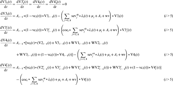 \openup4\eqalign{ {{{\rm dV3}_{\setnum{1}} \lpar t\rpar } \over {{\rm d}t}} \equals \tab {{{\rm dV3}_{\setnum{1}}^{c} \lpar t\rpar } \over {{\rm d}t}} \equals {{{\rm dV4}_{\setnum{1}} \lpar t\rpar } \over {{\rm d}t}} \equals {{{\rm dV4}_{\setnum{1}}^{c} \lpar t\rpar } \over {{\rm d}t}} \equals 0 \cr {{{\rm dV3}_{i} \lpar t\rpar } \over {{\rm d}t}} \equals \tab A_{i \minus \setnum{1}} \vskip2pt\hskip1pt{\ast}\hskip1\vskip-2pt \lpar {1 \minus {\rm vc}_{i} \lpar t\rpar } \rpar \vskip2pt\hskip1pt{\ast}\hskip1\vskip-2pt {\rm V3}_{i \minus \setnum{1}} \lpar t\rpar \minus \left( {\sum\limits_{\hskip2 j \equals \setnum{1}\comma \setnum{3}} {{\rm sev}_{j}^{v\setnum{3}} } \vskip2pt\hskip1pt{\ast}\hskip1\vskip-2pt \lambda _{i} \lpar t\rpar \plus \mu _{i} \plus A_{i} \plus {\rm wv}} \hskip-2\right) \vskip2pt\hskip1pt{\ast}\hskip1\vskip-2pt {\rm V3}_{i} \lpar t\rpar \quad \hskip102\lpar i \gt 5\rpar \cr {{{\rm dV3}_{i}^{c} \lpar t\rpar } \over {{\rm d}t}} \equals \tab A_{i \minus \setnum{1}} \vskip2pt\hskip1pt{\ast}\hskip1\vskip-2pt \lpar {1 \minus {\rm vc}_{i} \lpar t\rpar } \rpar \vskip2pt\hskip1pt{\ast}\hskip1\vskip-2pt {\rm V3}_{i \minus \setnum{1}}^{c} \lpar t\rpar \plus \left(\hskip-2 {{\rm coc}_{i} \vskip2pt\hskip1pt{\ast}\hskip1\vskip-2pt \sum\limits_{j \equals \setnum{1}\comma \setnum{3}} {{\rm sev}_{j}^{v\setnum{3}} } \vskip2pt\hskip1pt{\ast}\hskip1\vskip-2pt \lambda _{i} \lpar t\rpar \plus \mu _{i} \plus A_{i} \plus {\rm wv}} \hskip-2\right) \vskip2pt\hskip1pt{\ast}\hskip1\vskip-2pt {\rm V3}_{i}^{c} \lpar t\rpar \quad\hskip79 \lpar i \gt 5\rpar \cr {{{\rm dV4}_{i} \lpar t\rpar } \over {{\rm d}t}} \equals \tab A_{i \minus \setnum{1}} \vskip2pt\hskip1pt{\ast}\hskip1\vskip-2pt \lsqb {{\rm vc}_{i} \lpar t\rpar \vskip2pt\hskip1pt{\ast}\hskip1\vskip-2pt \lpar {{\rm V2}_{i \minus \setnum{1}} \lpar t\rpar \plus {\rm V3}_{i \minus \setnum{1}} \lpar t\rpar \plus {\rm WV1}_{i \minus \setnum{1}} \lpar t\rpar \plus {\rm WV2}_{i \minus \setnum{1}} \lpar t\rpar }}\cr\tab{{ \plus{\rm WV3}_{i \minus \setnum{1}} \lpar t\rpar } \rpar \plus \lpar {1 \minus {\rm vc}_{i} \lpar t\rpar } \rpar \vskip2pt\hskip1pt{\ast}\hskip1\vskip-2pt {\rm V4}_{i \minus \setnum{1}} \lpar t\rpar } \rsqb\minus \left( {\sum\limits_{\hskip2 j \equals \setnum{1}\comma \setnum{3}} {{\rm sev}_{j}^{v\setnum{4}} } \vskip2pt\hskip1pt{\ast}\hskip1\vskip-2pt \lambda _{i} \lpar t\rpar \plus \mu _{i} \plus A_{i} \plus {\rm wv}}\hskip-2 \right) \vskip2pt\hskip1pt{\ast}\hskip1\vskip-2pt {\rm V4}_{i} \lpar t\rpar \quad\hskip58\lpar i \gt 5\rpar \cr {{{\rm dV4}_{i}^{c} \lpar t\rpar } \over {{\rm d}t}} \equals \tab A_{i \minus \setnum{1}} \vskip2pt\hskip1pt{\ast}\hskip1\vskip-2pt \lsqb {{\rm vc}_{i} \lpar t\rpar \vskip2pt\hskip1pt{\ast}\hskip1\vskip-2pt \lpar {{\rm V2}_{i \minus \setnum{1}}^{c} \lpar t\rpar \plus {\rm V3}_{i \minus \setnum{1}}^{c} \lpar t\rpar \plus {\rm WV1}_{i \minus \setnum{1}}^{c} \lpar t\rpar \plus {\rm WV2}_{i \minus \setnum{1}}^{c} \lpar t\rpar\rpar \plus {\rm WV3}_{i \minus \setnum{1}}^{c} \lpar t} \rpar \plus \lpar {1 \minus {\rm vc}_{i} \lpar t\rpar } \rpar \vskip2pt\hskip1pt{\ast}\hskip1\vskip-2pt {\rm V4}_{i}^{c} \lpar t\rpar } \rsqb\cr \tab \minus \left(\hskip-2 {{\rm coc}_{i} \vskip2pt\hskip1pt{\ast}\hskip1\vskip-2pt \sum\limits_{j \equals \setnum{1}\comma \setnum{3}} {{\rm sev}_{j}^{v\setnum{4}} } \vskip2pt\hskip1pt{\ast}\hskip1\vskip-2pt \lambda _{i} \lpar t\rpar \plus \mu _{i} \plus A_{i} \plus {\rm wv}}\hskip-2 \right) \vskip2pt\hskip1pt{\ast}\hskip1\vskip-2pt {\rm V4}_{i}^{c} \lpar t\rpar \quad\hskip191 \lpar i \gt 5\rpar \cr}