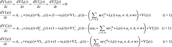 \openup2\eqalign{\tab {{{\rm dV1}_{\setnum{1}} \lpar t\rpar } \over {{\rm d}t}} \equals {{{\rm dV2}_{\setnum{1}} \lpar t\rpar } \over {{\rm d}t}} \equals {{{\rm dV1}_{\setnum{1}}^{c}\hskip1 \lpar t\rpar } \over {{\rm d}t}} \equals {{{\rm dV2}_{\setnum{1}}^{c} \lpar t\rpar } \over {{\rm d}t}} \equals 0 \cr \tab {{{\rm dV1}_{i} \lpar t\rpar } \over {{\rm d}t}} \equals A_{i \minus \setnum{1}} \vskip2pt\hskip2pt{\ast}\hskip1\vskip-2pt \lpar {{\rm vc}_{i} \lpar t\rpar \vskip2pt\hskip1pt{\ast}\hskip1\vskip-2pt {\rm S}_{i \minus \setnum{1}}\hskip1 \lpar t\rpar \plus \lpar {1 \minus {\rm vc}_{i} \lpar t\rpar } \rpar \vskip2pt\hskip1pt{\ast}\hskip1\vskip-2pt {\rm V1}_{i \minus \setnum{1}} \lpar t\rpar } \rpar \minus \left( {\sum\limits_{\hskip2 j \equals \setnum{1}\comma \setnum{3}} {{\rm sev}_{j}^{v\setnum{1}} } \vskip2pt\hskip1pt{\ast}\hskip1\vskip-2pt \lambda _{i} \lpar t\rpar \plus \mu _{i} \plus A_{i} \plus {\rm wv}} \hskip-2\right) \vskip2pt\hskip1pt{\ast}\hskip1\vskip-2pt {\rm V1}_{i} \lpar t\rpar \quad \quad\quad\hskip4\lpar i \gt 1\rpar \cr \tab {{{\rm dV1}_{i}^{c} \lpar t\rpar } \over {{\rm d}t}} \equals A_{i \minus \setnum{1}} \vskip2pt\hskip1pt{\ast}\hskip1\vskip-2pt \lpar {{\rm vc}_{i} \lpar t\rpar \vskip2pt\hskip1pt{\ast}\hskip1\vskip-2pt {\rm S}_{i \minus \setnum{1}}^{c} \lpar t\rpar \plus \lpar {1 \minus {\rm vc}_{i} \lpar t\rpar } \rpar \vskip2pt\hskip1pt{\ast}\hskip1\vskip-2pt {\rm V1}_{i \minus \setnum{1}}^{c} \lpar t\rpar } \rpar \minus \left(\hskip-2 {{\rm coc}_{i} \vskip2pt\hskip1pt{\ast}\hskip1\vskip-2pt \sum\limits_{j \equals \setnum{1}\comma \setnum{3}} {{\rm sev}_{j}^{v\setnum{1}} } \vskip2pt\hskip1pt{\ast}\hskip1\vskip-2pt \lambda _{i} \lpar t\rpar \plus \mu _{i} \plus A_{i} \plus {\rm wv}} \hskip-2\right) \vskip2pt\hskip1pt{\ast}\hskip1\vskip-2pt {\rm V1}_{i}^{c} \lpar t\rpar \quad \lpar i \gt 1\rpar\cr \tab {{{\rm dV2}_{i} \lpar t\rpar } \over {{\rm d}t}} \equals A_{i \minus \setnum{1}} \vskip2pt\hskip1pt{\ast}\hskip1\vskip-2pt \lpar {{\rm vc}_{i} \lpar t\rpar \vskip2pt\hskip1pt{\ast}\hskip1\vskip-2pt {\rm V1}_{i \minus \setnum{1}} \lpar t\rpar \plus \lpar {1 \minus {\rm vc}_{i} \lpar t\rpar } \rpar \vskip2pt\hskip1pt{\ast}\hskip1\vskip-2pt {\rm V2}_{i \minus \setnum{1}} \lpar t\rpar } \rpar \minus \left( {\sum\limits_{\hskip2 j \equals \setnum{1}\comma \setnum{3}} {{\rm sev}_{j}^{v\setnum{2}} } \vskip2pt\hskip1pt{\ast}\hskip1\vskip-2pt \lambda _{i} \lpar t\rpar \plus \mu _{i} \plus A_{i} \plus {\rm wv}} \hskip-2\right) \vskip2pt\hskip1pt{\ast}\hskip1\vskip-2pt {\rm V2}_{i} \lpar t\rpar \quad \quad\quad\hskip-1 \lpar i \gt 1\rpar