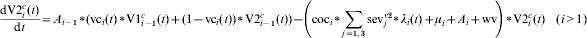 \eqalign{\tab {{{\rm dV2}_{i}^{c} \lpar t\rpar } \over {{\rm d}t}}\hskip-1 \equals A_{i \minus \setnum{1}} \vskip2pt\hskip1pt{\ast}\hskip1\vskip-2pt \lpar {{\rm vc}_{i} \lpar t\rpar \vskip2pt\hskip1pt{\ast}\hskip1\vskip-2pt {\rm V1}_{i \minus \setnum{1}}^{c} \lpar t\rpar \plus \lpar {1 \minus {\rm vc}_{i} \lpar t\rpar } \rpar \vskip2pt\hskip1pt{\ast}\hskip1\vskip-2pt {\rm V2}_{i \minus \setnum{1}}^{c} \lpar t\rpar } \rpar \minus \hskip-2\left( {{\rm coc}_{i} \vskip2pt\hskip1pt{\ast}\vskip-2pt \sum\limits_{j \equals \setnum{1}\comma \setnum{3}} {{\rm sev}_{j}^{v\setnum{2}} } \vskip2pt\hskip1pt{\ast}\hskip1\vskip-2pt \lambda _{i} \lpar t\rpar \plus \mu _{i} \plus A_{i} \plus {\rm wv}}\hskip-2 \right) \vskip2pt\hskip1pt{\ast}\hskip1\vskip-2pt {\rm V2}_{i}^{c} \lpar t\rpar \quad\hskip-1 \lpar i \gt 1\rpar \cr}