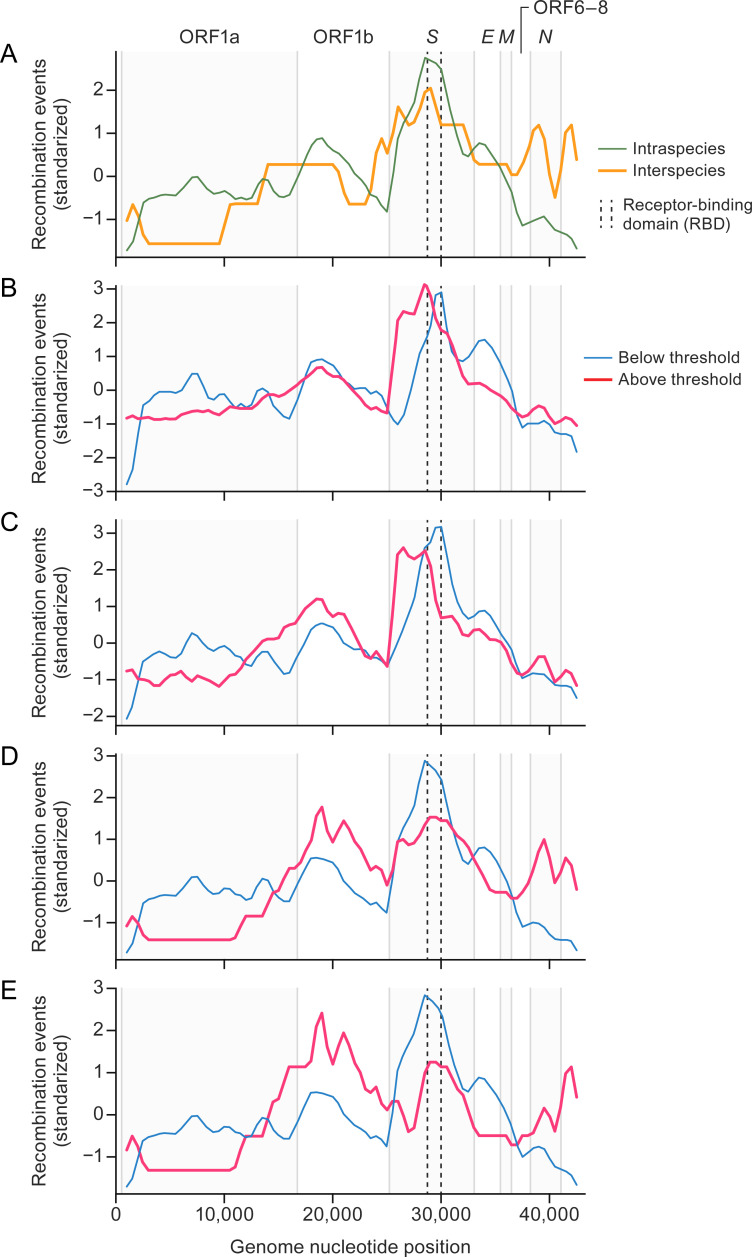 Standardized recombination events across different genome nucleotide positions of sarbecoviruses. First plot compares intraspecies and interspecies events, while subsequent plots depict events above and below threshold for various parameters.