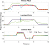 Angular trajectories of the trunk joints with perturbation which were added to lumbar pitch at 5.5 s and lumbar roll at 8.5 s